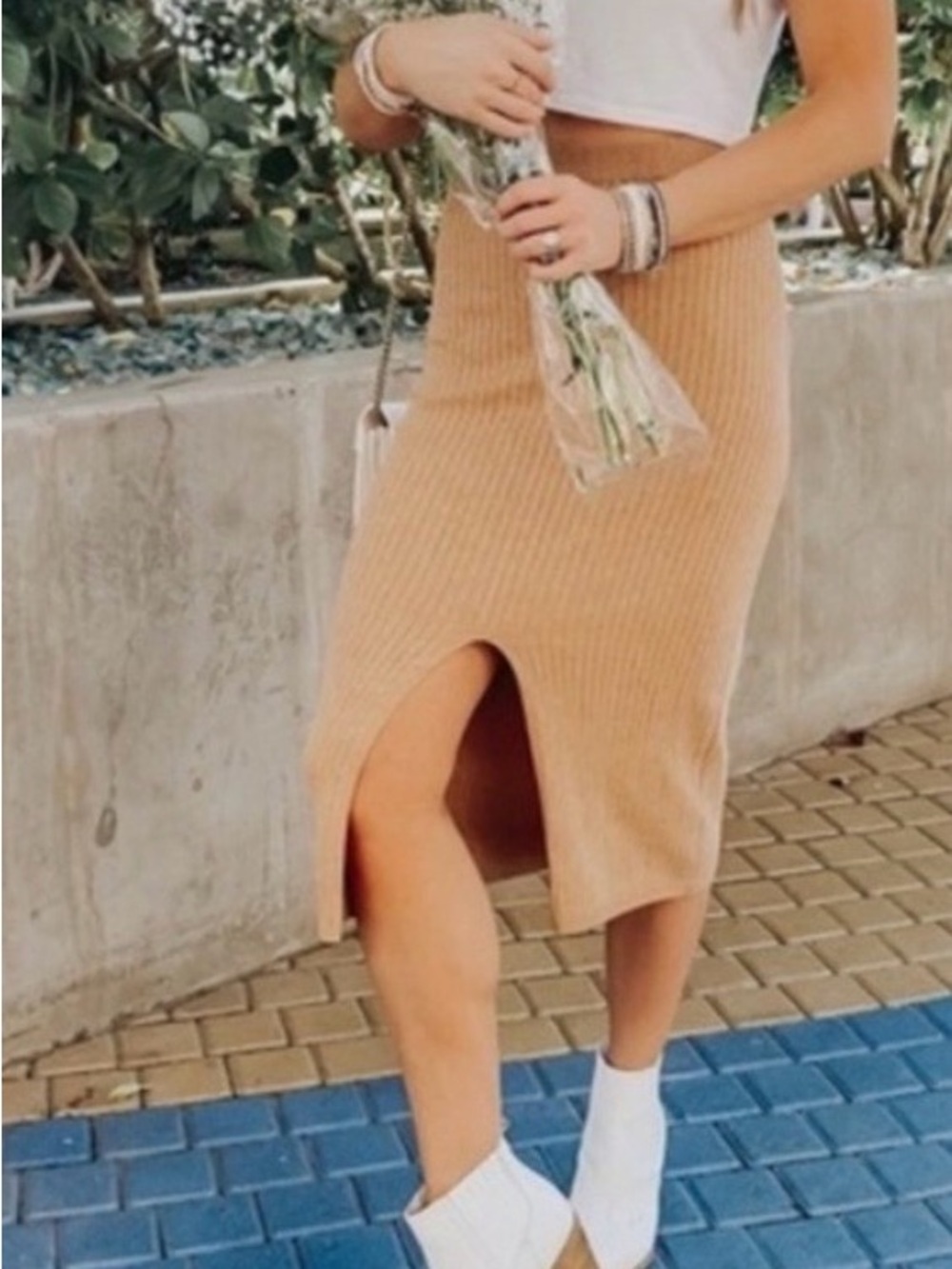 Free People Camel Ribbed Midi Skirt with Front Slit